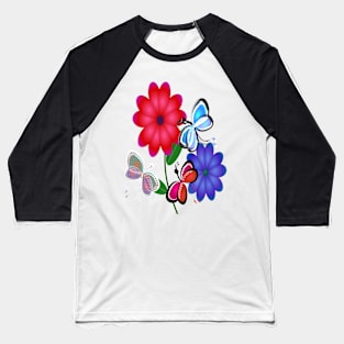 Abstract Butterflies with Flowers (Blue) Baseball T-Shirt